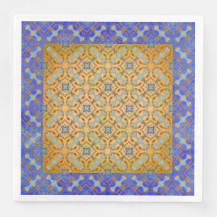 Yellow, Orange, Blue Scrolled Diamond Pattern Paper Dinner Napkins