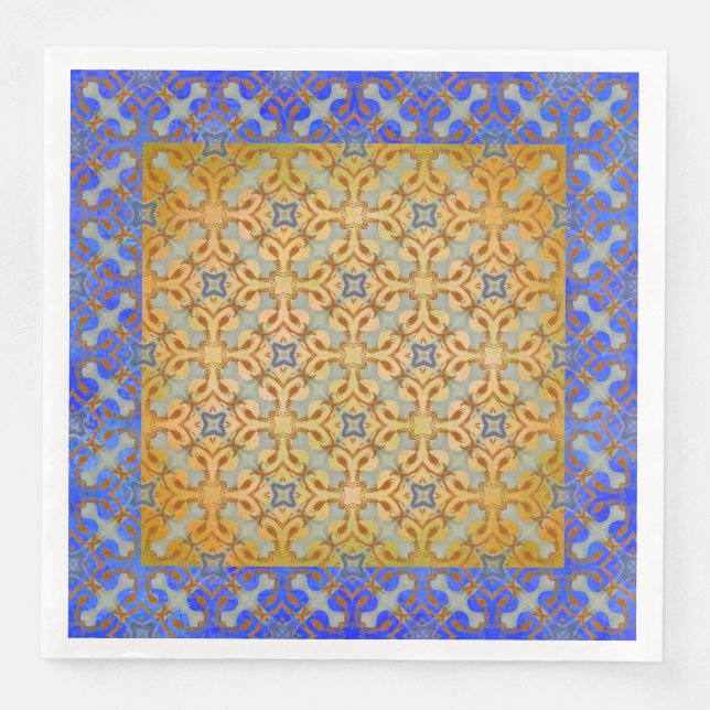 Yellow, Orange, Blue Scrolled Diamond Pattern Paper Dinner Napkins (Front)