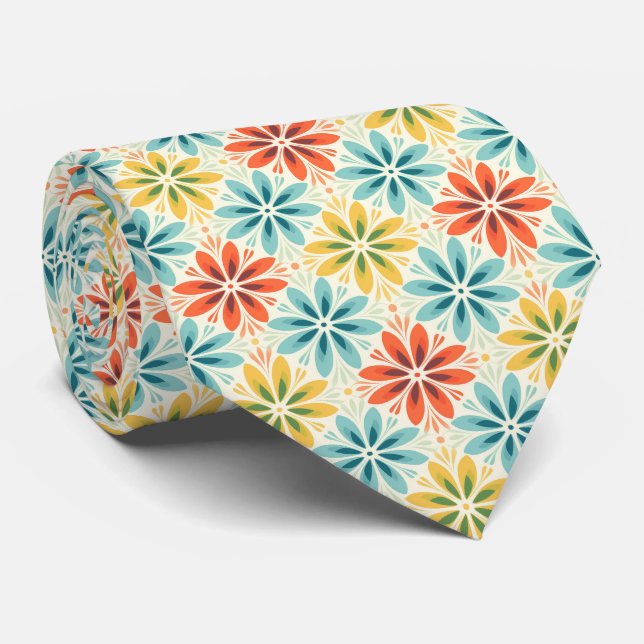Yellow Orange Blue Summer Flowers Neck Tie (Rolled)