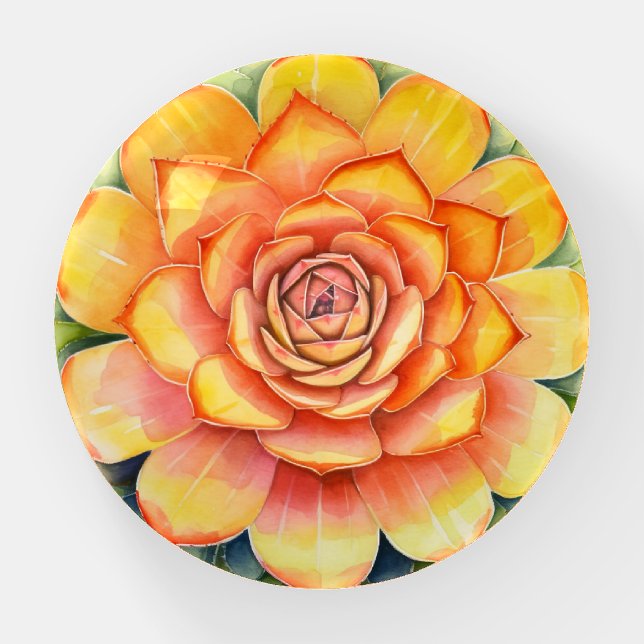 Yellow Orange Botanical Succulent Dome Paperweight (Front)