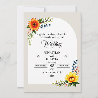 yellow orange Botanical Wreath Invitation