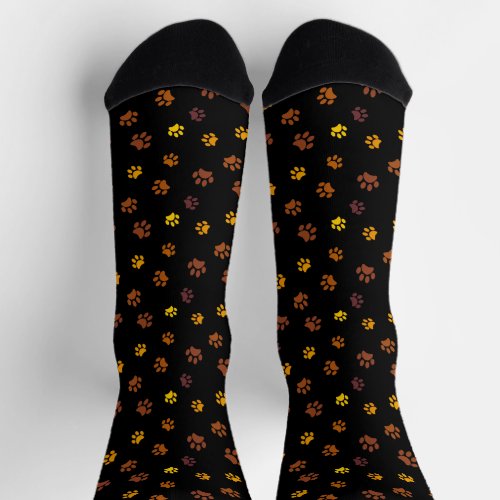 Yellow Orange Brown Paw Prints Pattern Black Socks