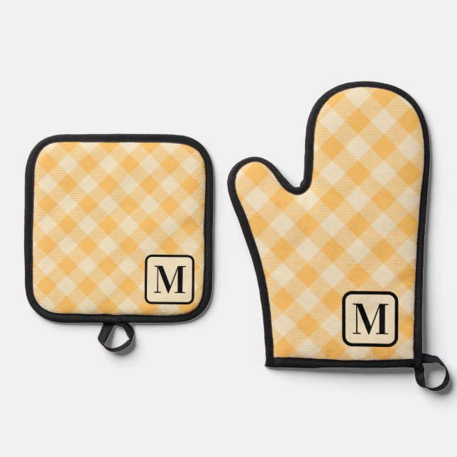  Yellow Orange Buffalo Plaid Gingham Monogrammed Oven Mitt & Pot Holder Set (Front)