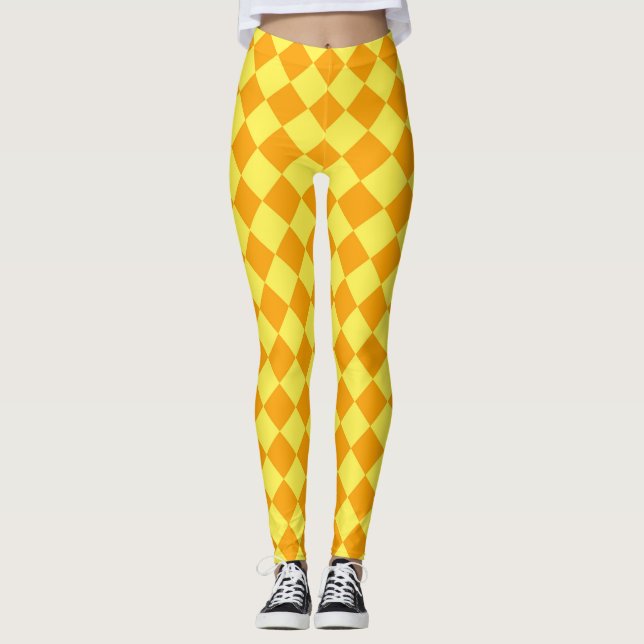 Yellow Orange Checker Diamond Pattern  Leggings (Front)