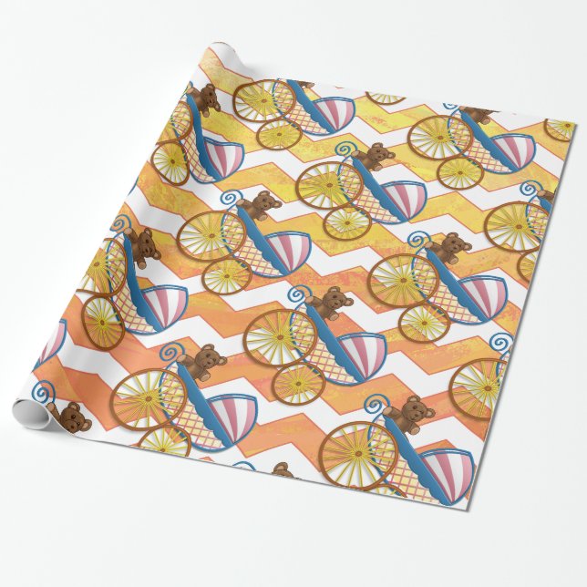 Yellow, Orange Chevron Baby Carriage Pattern Wrapping Paper (Unrolled)