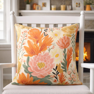 Yellow Orange Coral Green Floral Throw Pillow