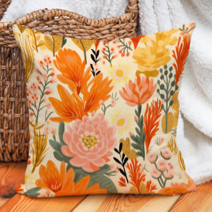 Yellow Orange Coral Green Floral Throw Pillow