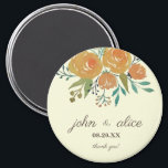 Yellow Orange, Cream and Brown Floral Wedding Magnet<br><div class="desc">This is a classic and elegant wedding magnet designed with yellow orange roses and peonies,  botanical and eucalyptus leaves in a cream yellow background. A thank you gift for your guests.</div>