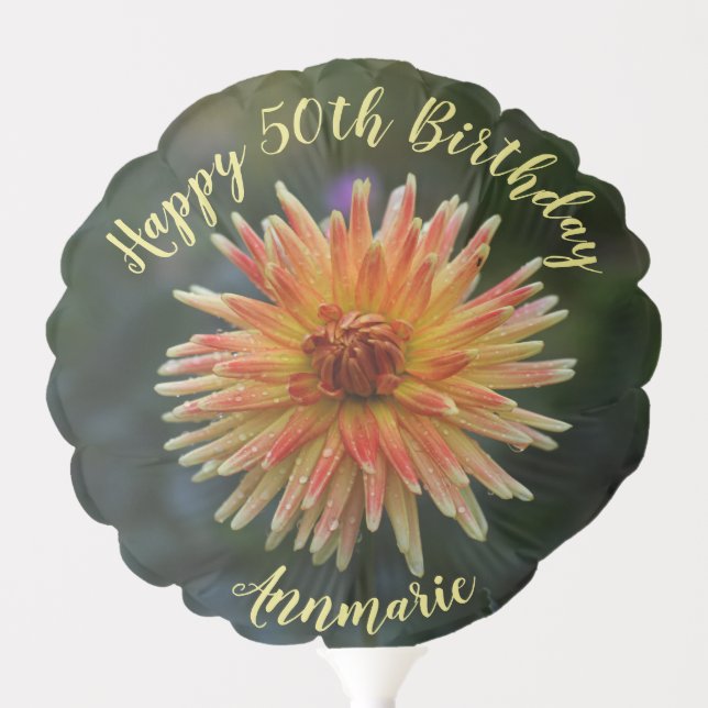 Yellow Orange Dahlia Flower Happy 50th Birthday Balloon (Front)
