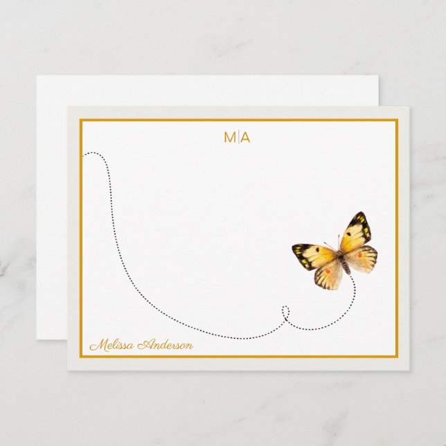 Yellow Orange Dot Butterfly Flight Monogram & Name Note Card (Front/Back)