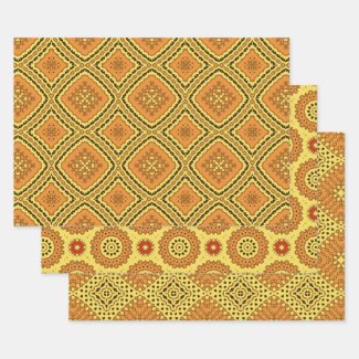 Yellow Orange Ethnic Boho Geometric Patterns Wrapping Paper Sheets