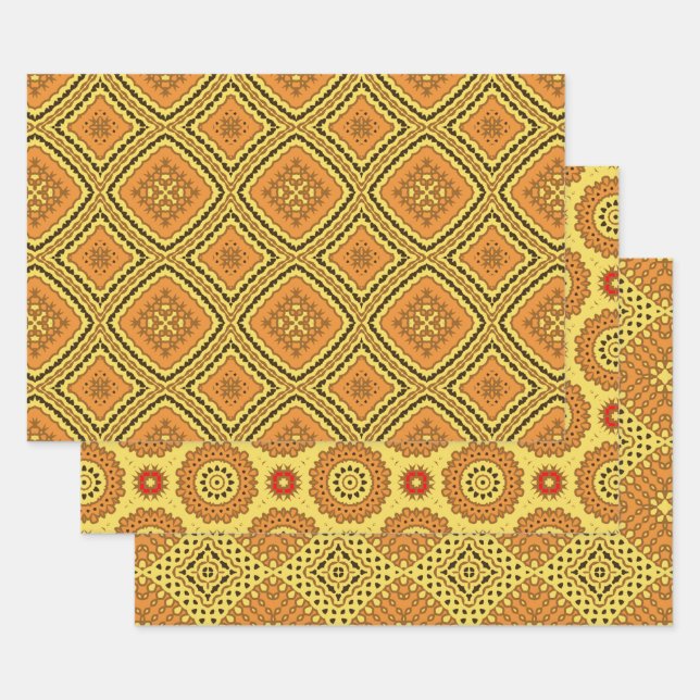 Yellow Orange Ethnic Boho Geometric Patterns Wrapping Paper Sheets (Set)