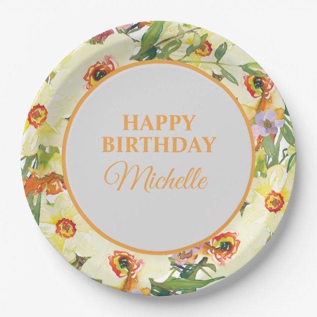 Yellow Orange Floral Birthday Party Paper Plates (Front)
