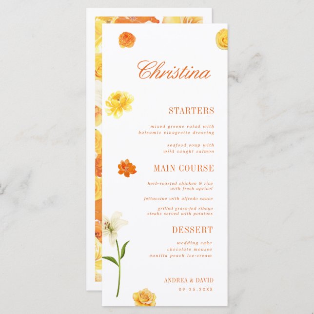 Yellow Orange Floral Custom Guest Name Garden Menu (Front/Back)