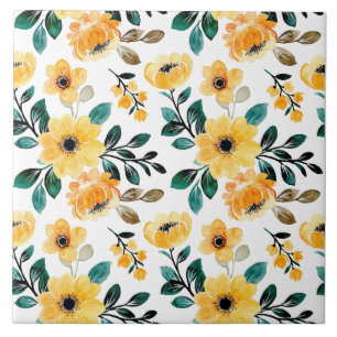 Yellow orange floral daisy pattern garden flowers ceramic tile
