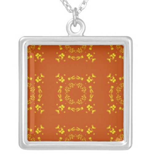 Yellow Orange Floral Damasks Retro Pattern Silver Plated Necklace