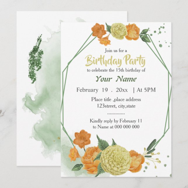 yellow orange floral green geometric birthday invitation (Front/Back)