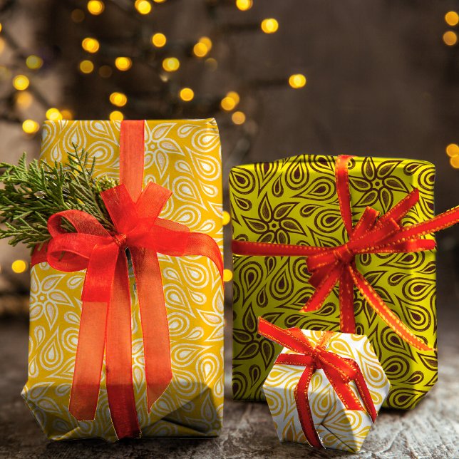 Yellow Orange Floral Paisley Design Modern Unique Wrapping Paper Sheets (Creator Uploaded)