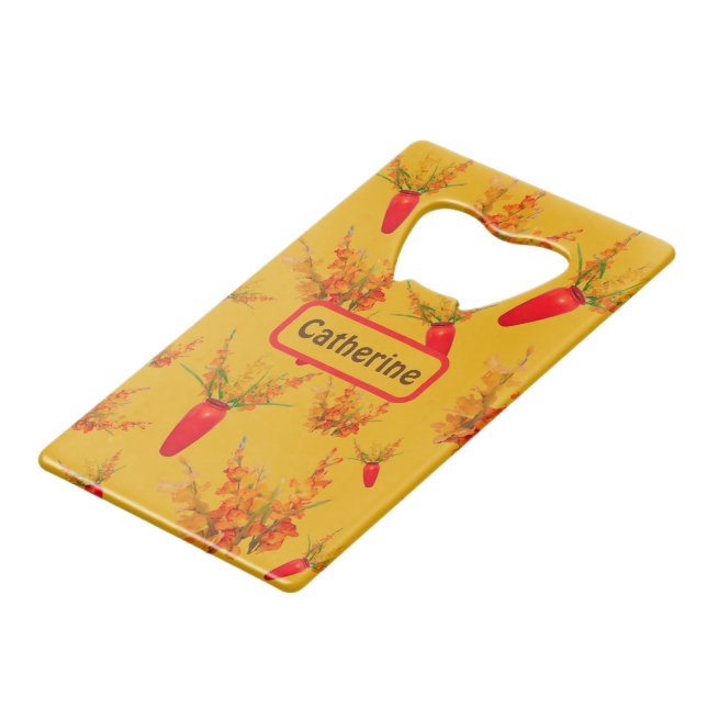 Yellow & Orange Floral Pattern on Yellow Monogram| Credit Card Bottle Opener (Front Angled)