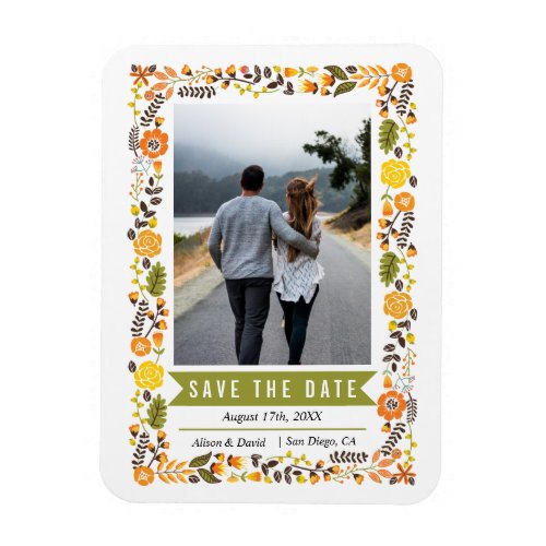 Yellow orange flowers olive green Save the Date Magnet