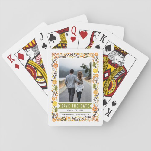 Yellow orange flowers olive green Save the Date Playing Cards