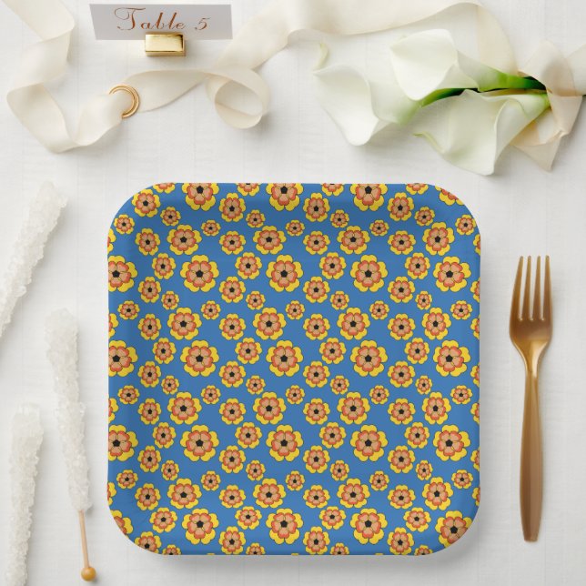 Yellow Orange Flowers Pattern Paper Plates (Wedding)