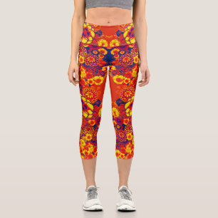 YELLOW ORANGE FLOWERS Peony,Roses Japanese Floral Capri Leggings