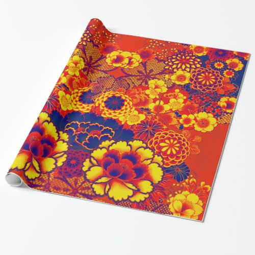 YELLOW ORANGE FLOWERS PeonyRoses Japanese Floral Wrapping Paper
