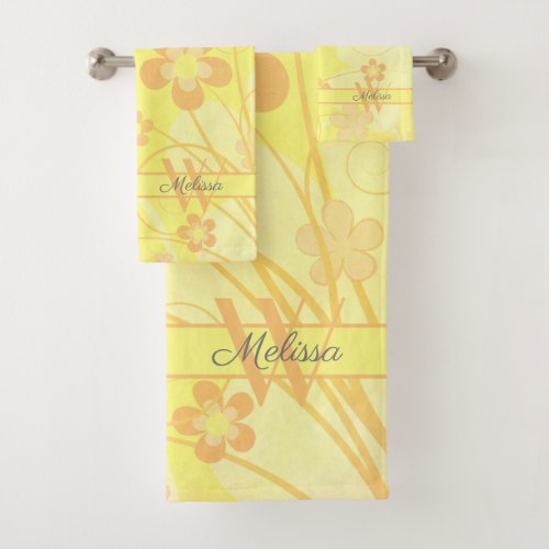 Yellow Orange Flowers Simple cute Floral Monogram Bath Towel Set
