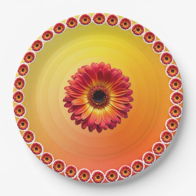Yellow Orange Gradient Red Gerbera daisy pattern  Paper Plates (Front)