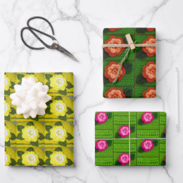 Yellow Orange Green Floral Artisan Crochet Print Wrapping Paper Sheets