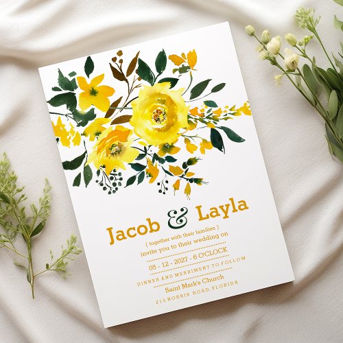 Yellow orange green flower bouquet summer Wedding  Invitation