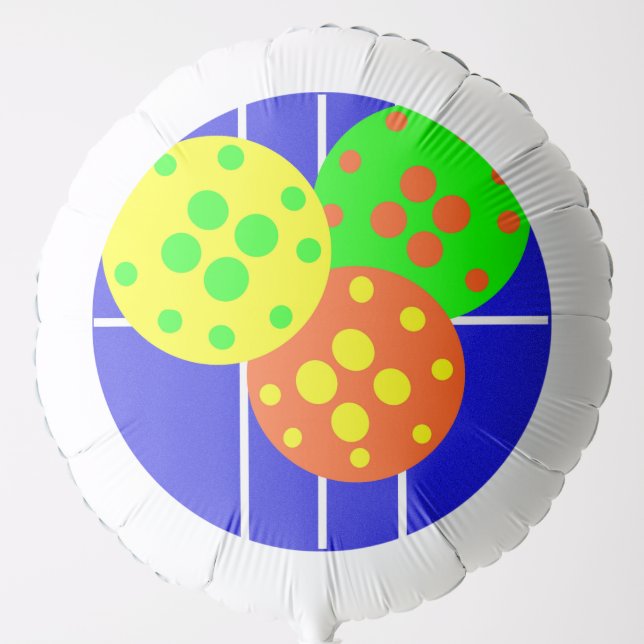 Yellow, orange, & green pickleballs on blue court balloon (Front)