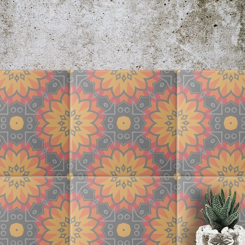 Yellow Orange Grey Geometric Ethnic Mosaic Pattern Ceramic Tile