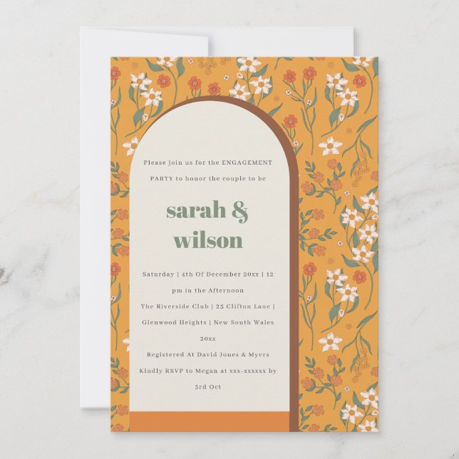 Yellow Orange Groovy Retro Arch Floral Engagement Invitation (Front)