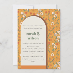 Yellow Orange Groovy Retro Arch Floral Engagement Invitation