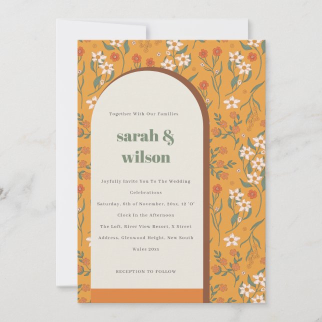 Yellow Orange Groovy Retro Arch Floral Wedding Invitation (Front)