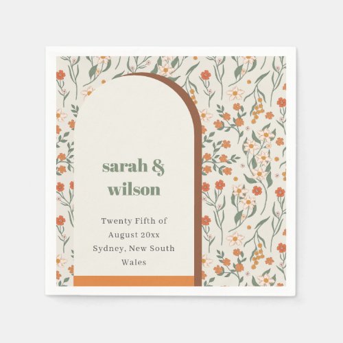 Yellow Orange Groovy Retro Arch Floral Wedding Napkins