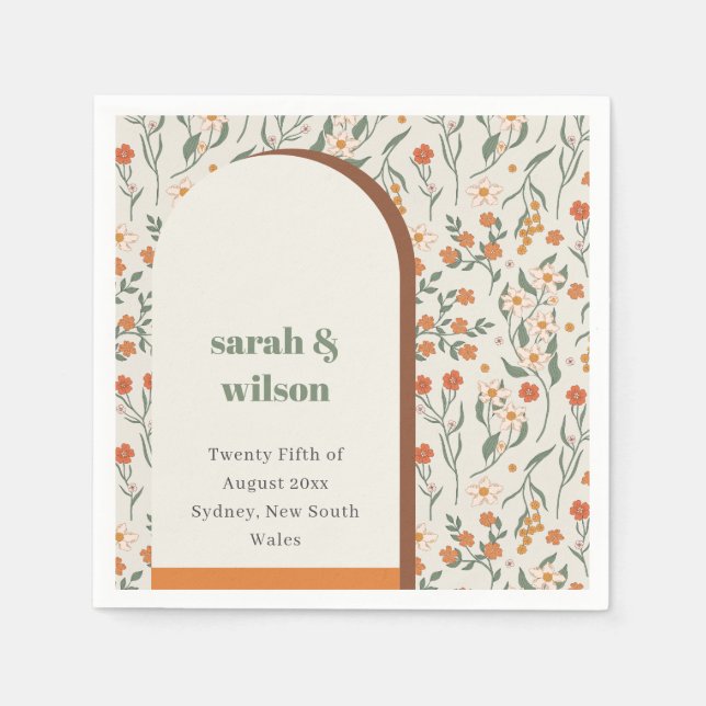 Yellow Orange Groovy Retro Arch Floral Wedding Napkins (Front)
