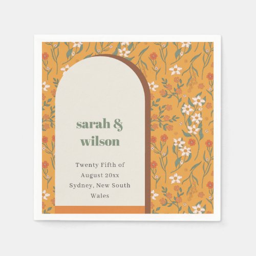 Yellow Orange Groovy Retro Arch Floral Wedding Napkins