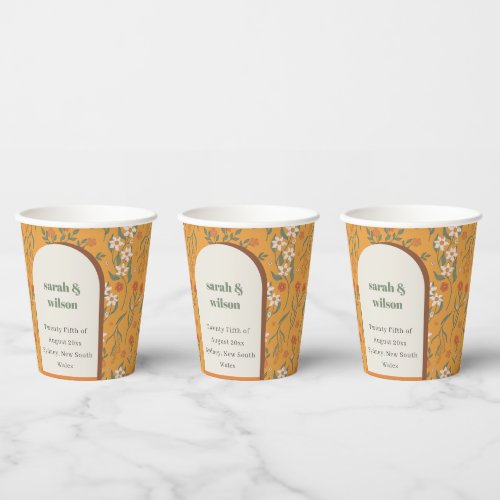 Yellow Orange Groovy Retro Arch Floral Wedding Paper Cups