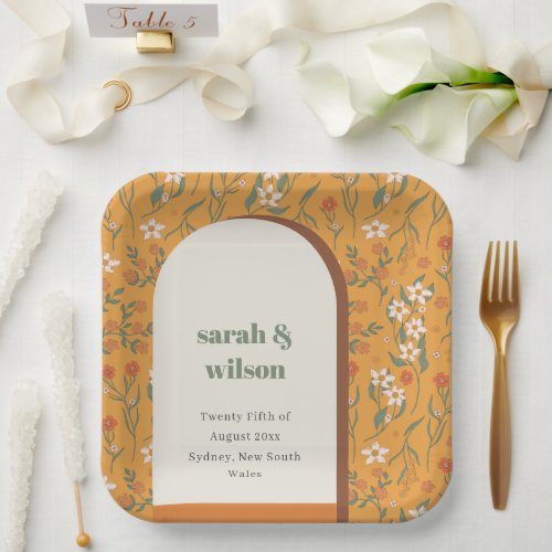 Yellow Orange Groovy Retro Arch Floral Wedding Paper Plates