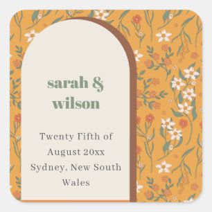 Yellow Orange Groovy Retro Arch Floral Wedding Square Sticker