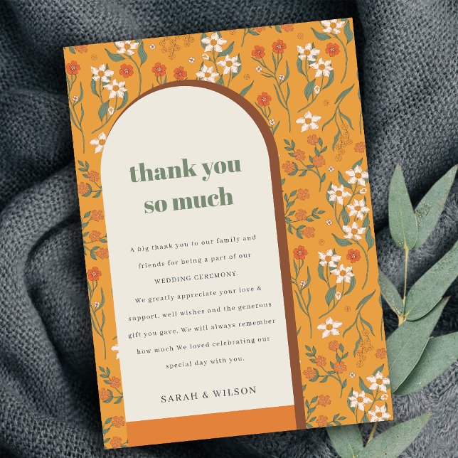 Yellow Orange Groovy Retro Arch Floral Wedding Thank You Card (Creator Uploaded)