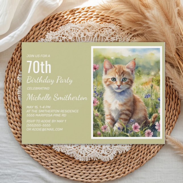 Yellow Orange Kitten Cat Lover 70th Birthday Invitation (Cat 70th birthday party invitation)