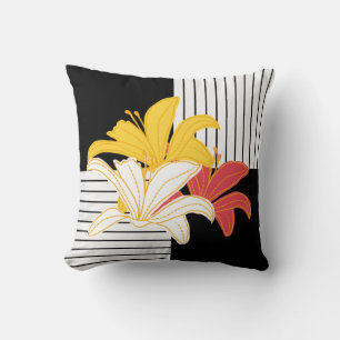 Yellow Orange Lilies on Black White Stripes Throw Pillow