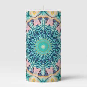 Yellow-orange, mint and pink mandala. pillar candle