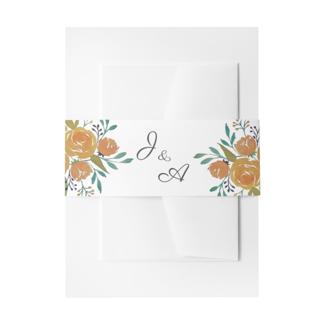 Yellow Orange Peonies and Roses Monogram Wedding Invitation Belly Band (Front Example)
