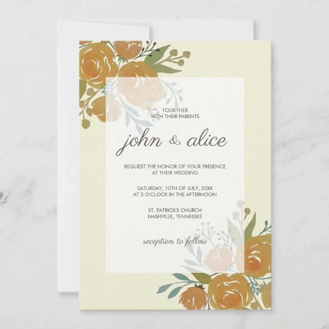 Yellow Orange Peonies and Roses Wedding Invitation (Front)