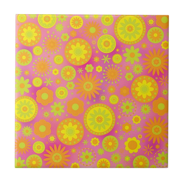 Yellow Orange & Pink Hippy Flower Pattern Ceramic Tile (Front)